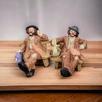 Pair of Vintage Emmett Kelly Jr. Hobo Clown on Bench Figurines - Whimsical Collectibles