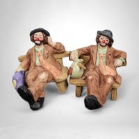 Pair of Vintage Emmett Kelly Jr. Hobo Clown on Bench Figurines - Whimsical Collectibles