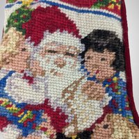 Charming Vintage Needlepoint Small Christmas Stocking with Santa and Children - Festive Holiday Decor