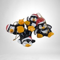 Vintage Set of 4 Playful Penguins Ceramic Christmas Tree Ornaments - Charming Holiday Decorations