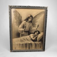 Vintage Guardian Angel Over Bed Framed Print: Serene Blessings