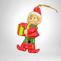 Charming Vintage Ceramic Elf with Present Christmas Ornament