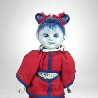 Vintage Asian Decor Blue and White Porcelain Girl Doll