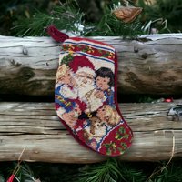 Charming Vintage Needlepoint Small Christmas Stocking with Santa and Children - Festive Holiday Decor