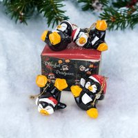 Vintage Set of 4 Playful Penguins Ceramic Christmas Tree Ornaments - Charming Holiday Decorations
