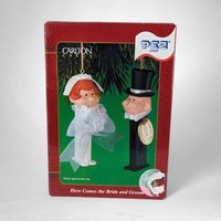 2001 Carlton Cards PEZ Here Comes the Bride and Groom Ornament Set
