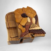 Handcrafted Hummingbird Wooden Puzzle Box, Missing a Piece