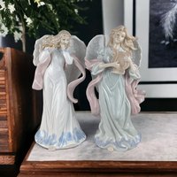 Vintage 2000 Grandeur Noel Porcelain 10" Instrument Angel Pair - Heavenly Holiday Harmony!