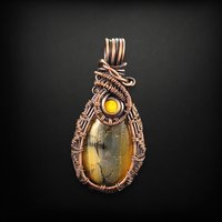 Handmade Copper Wire Wrapped Dragon Vein Agate Pendant | Yellow Accent | Unique Gift | Oxidized Copper | Gemstone Pendant