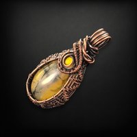 Handmade Copper Wire Wrapped Dragon Vein Agate Pendant | Yellow Accent | Unique Gift | Oxidized Copper | Gemstone Pendant