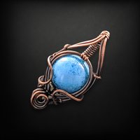 Handmade Copper Wire Wrapped Blue Czech Glass Pendant, Unique Artisan Jewelry, Handmade Gift Idea
