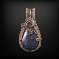 Handcrafted Copper Wire Wrapped Blue Goldstone Pendant