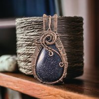 Handcrafted Copper Wire Wrapped Blue Goldstone Pendant