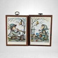 Pair of Vintage 1981 ARS Hummel Prints on Wood Wall Hangings | Charming Children's Artwork