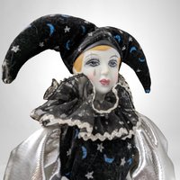 Vintage Silver and Black 17" Harlequin Pierrot Jester Doll