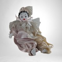 Vintage 8" Kingstate Porcelain Harlequin Clown Doll, Heart on Cheek