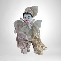 Vintage 8" Kingstate Porcelain Harlequin Clown Doll, Heart on Cheek
