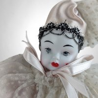 Vintage 8" Kingstate Porcelain Harlequin Clown Doll, Heart on Cheek