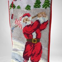 Vintage Needlepoint Santa Playing Golf Christmas Stocking
