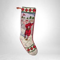 Vintage Needlepoint Santa Playing Golf Christmas Stocking