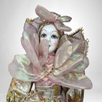 Vintage Showstopper 17" Porcelain Harlequin Clown Doll, Pink