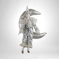 Vintage Silver Harlequin, Clown Doll on Moon Hanging Decor