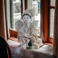 Vintage 8" Kingstate Porcelain Harlequin Clown Doll, Heart on Cheek