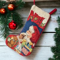 Vintage Needlepoint Santa With Presents Christmas Stocking