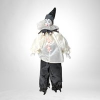 Vintage 19" Porcelain Harlequin Doll, Black and White with Pink Flowers