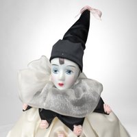 Vintage 19" Porcelain Harlequin Doll, Black and White with Pink Flowers