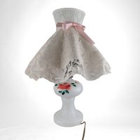 Vintage Painted Floral Milk Glass Lamp with Lace Shade | 9.5" Tall | Charming Bedroom or Living Room Accent | Unique Gift