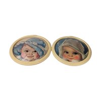 Pair of Vintage Maud Tousley Round Baby Print Wall Hangings (5")