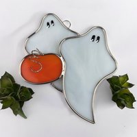 Vintage Stained Glass Ghosts and Pumpkin Hallowen Suncatcher (5")