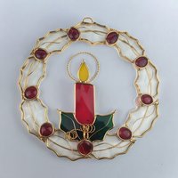 Vintage Stained Glass Christmas Wreath with Candle Suncatcher | 8" Diameter