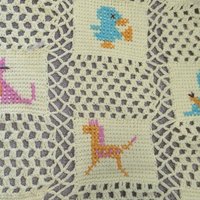 Vintage Handmade Granny Square Yellow Baby Blacket with Animals