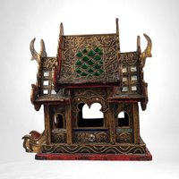 Vintage Handcrafted Wood and Glass Thai Spirit House