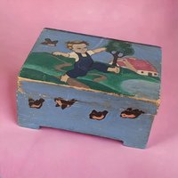 Vintage Handpainted Wooden Box with Playful Boy