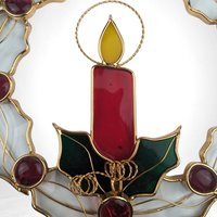 Vintage Stained Glass Christmas Wreath with Candle Suncatcher | 8" Diameter