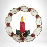 Vintage Stained Glass Christmas Wreath with Candle Suncatcher | 8" Diameter