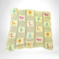 Vintage Handmade Granny Square Yellow Baby Blacket with Animals