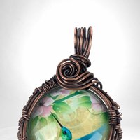 Copper Wire Wrapped Hummingbird Pendant | Blue Hummingbird & Pink Flowers | Picture Cabochon | Unique Gift
