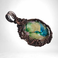 Copper Wire Wrapped Hummingbird Pendant | Blue Hummingbird & Pink Flowers | Picture Cabochon | Unique Gift