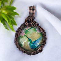 Copper Wire Wrapped Hummingbird Pendant | Blue Hummingbird & Pink Flowers | Picture Cabochon | Unique Gift