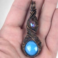 Artisan Copper Wire Wrapped Pendant, Czech Glass Cabochon, Unique Jewelry Gift