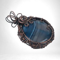 Handmade Copper Wire Wrapped Blue Striped Agate Pendant | Unique Gift | Rustic Elegance | Natural Beauty | Bohemian Style