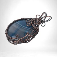 Handmade Copper Wire Wrapped Blue Striped Agate Pendant | Unique Gift | Rustic Elegance | Natural Beauty | Bohemian Style