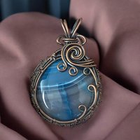 Handmade Copper Wire Wrapped Blue Striped Agate Pendant | Unique Gift | Rustic Elegance | Natural Beauty | Bohemian Style
