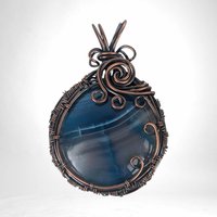 Handmade Copper Wire Wrapped Blue Striped Agate Pendant | Unique Gift | Rustic Elegance | Natural Beauty | Bohemian Style