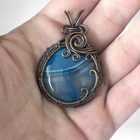 Handmade Copper Wire Wrapped Blue Striped Agate Pendant | Unique Gift | Rustic Elegance | Natural Beauty | Bohemian Style