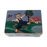 Vintage Handpainted Wooden Box with Playful Boy